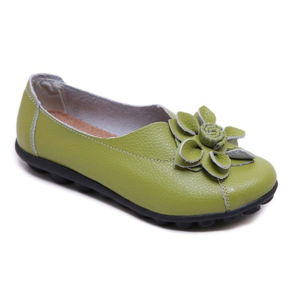 WEI DENG - Green Floral-Accent Leather Flat